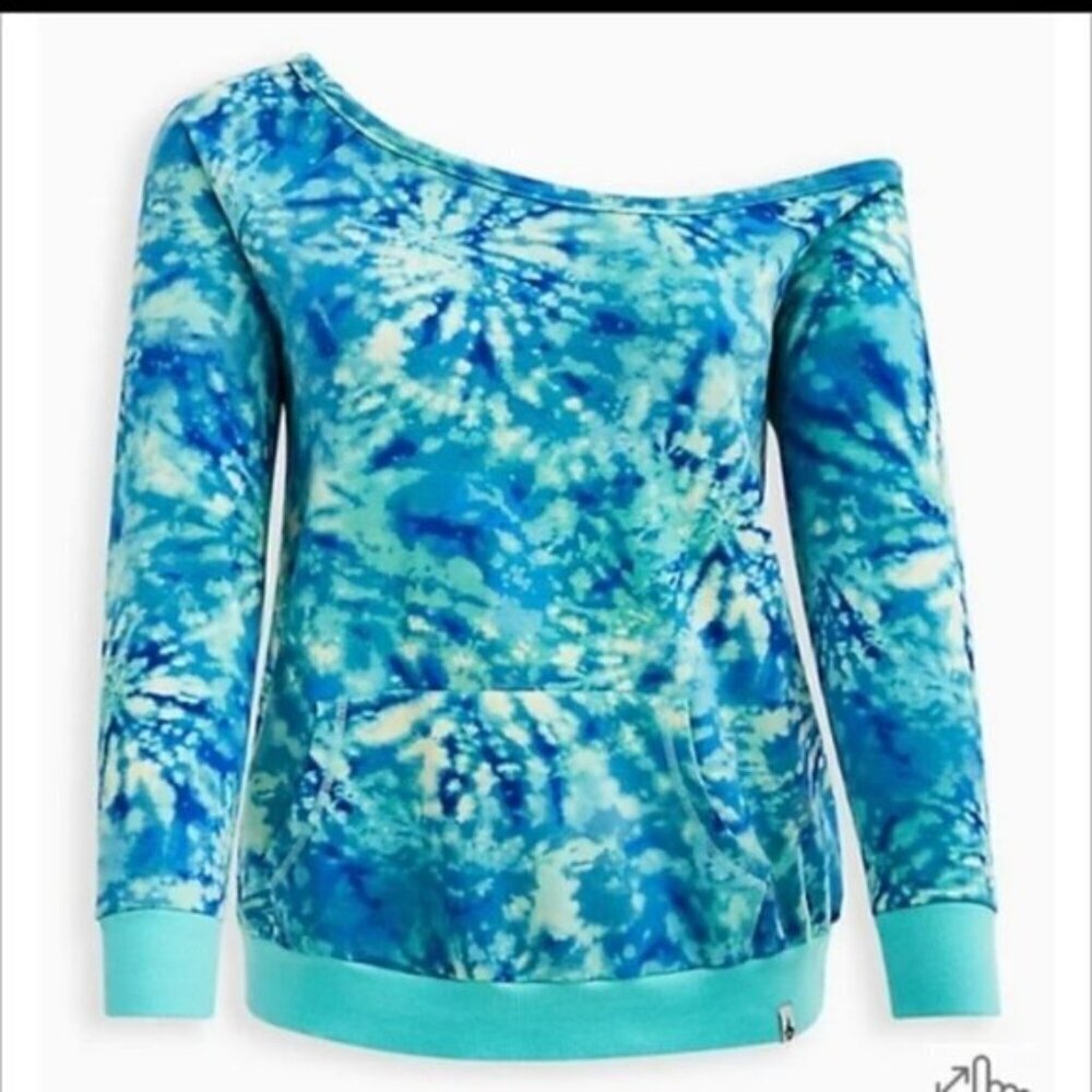 New Torrid sweatshirt Teal Blue off shoulder light Cotton Knit tie dye Size 3x